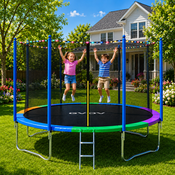 GVDV Outdoor Trampoline, 12' Backyard Recreational Trampoline with Enclosure for Kids & Adults