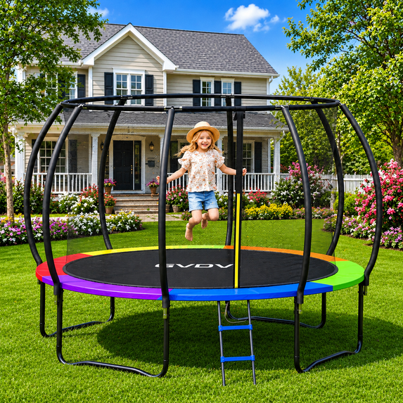 GVDV Outdoor Trampoline, 10' Backyard Recreational Trampoline with Enclosure for Kids & Adults