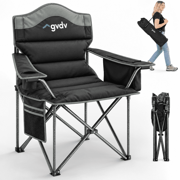 GVDV Oversized Camping Chairs,Heavy Duty Support 500LBS,Padded Back & Arm Sport Chairs, Cup Holder Cooler Bag, Collapsible Folding Chairs for Outdoor, Fishing & Garden