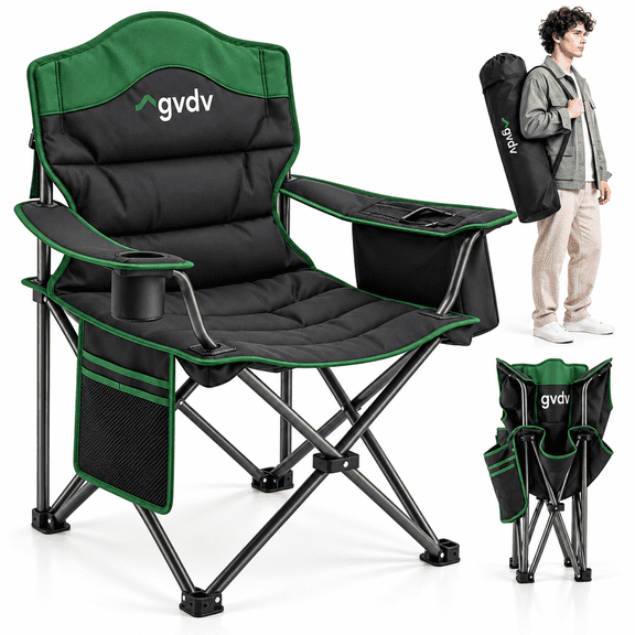 GVDV Oversized Heavy-Duty Camping Chair for Adults, Comfortable Portable Folding Chair with Cup Holder & Cooler Bag, Support 500LBS, for Outdoor Camping Fishing Travel(Black-Gray)