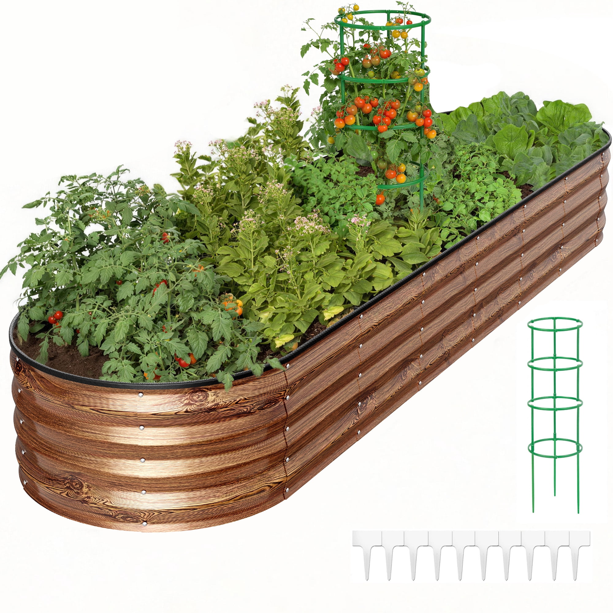 GVDV Raised Garden Bed Outdoor, 8x2x1ft Backyard Large Metal Raised Bed with Garden Trelli & Plant Markers, Planter Raised Garden Boxes for Vegetables, Flower, Herbs - Brown