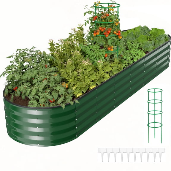 GVDV Raised Garden Bed Outdoor, 8x2x1ft Backyard Large Metal Raised Bed with Garden Trelli & Plant Markers, Planter Raised Garden Bed for Vegetables, Flower, Herbs - Green
