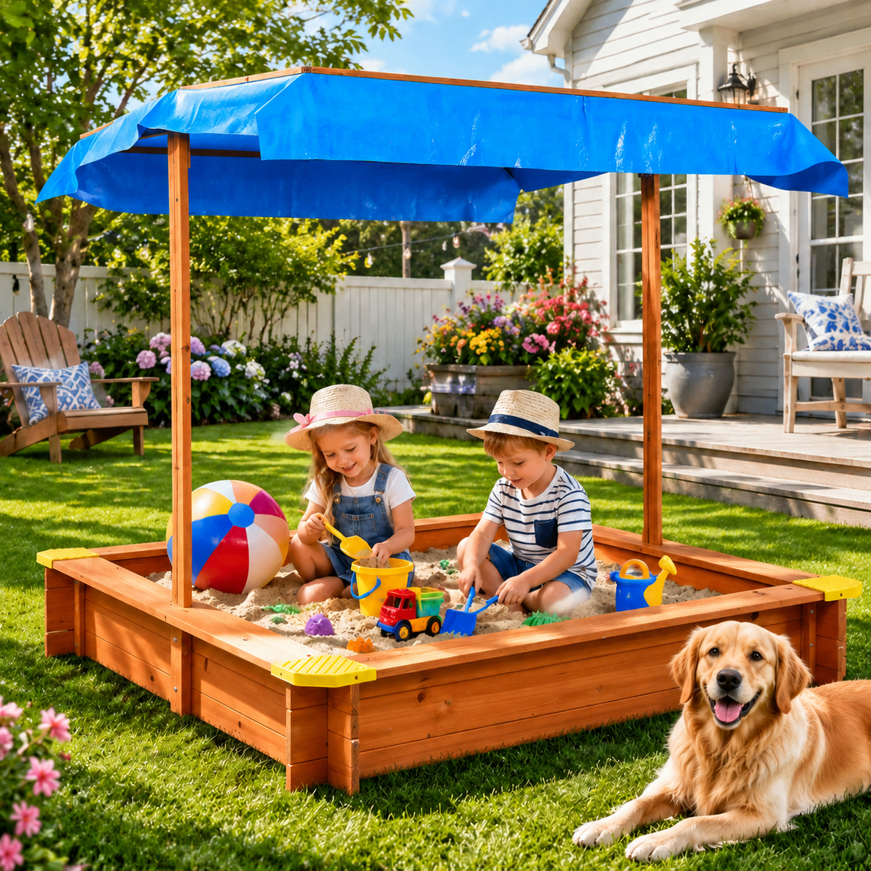 GVDV Sandbox, Wooden Sandpit with Adjustable Canopy for Backyard