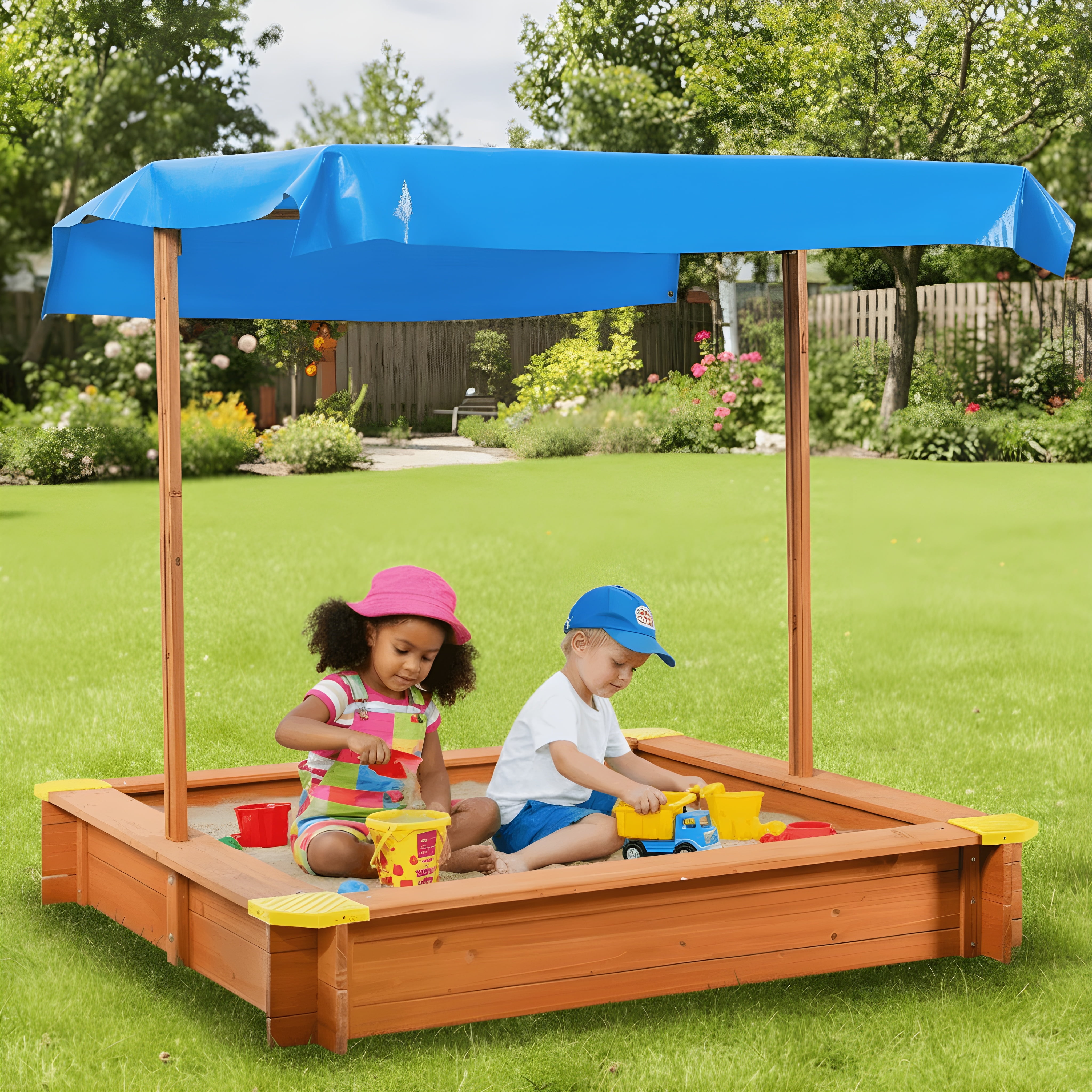 GVDV Sandbox, Wooden Sandpit with Adjustable Canopy for Backyard