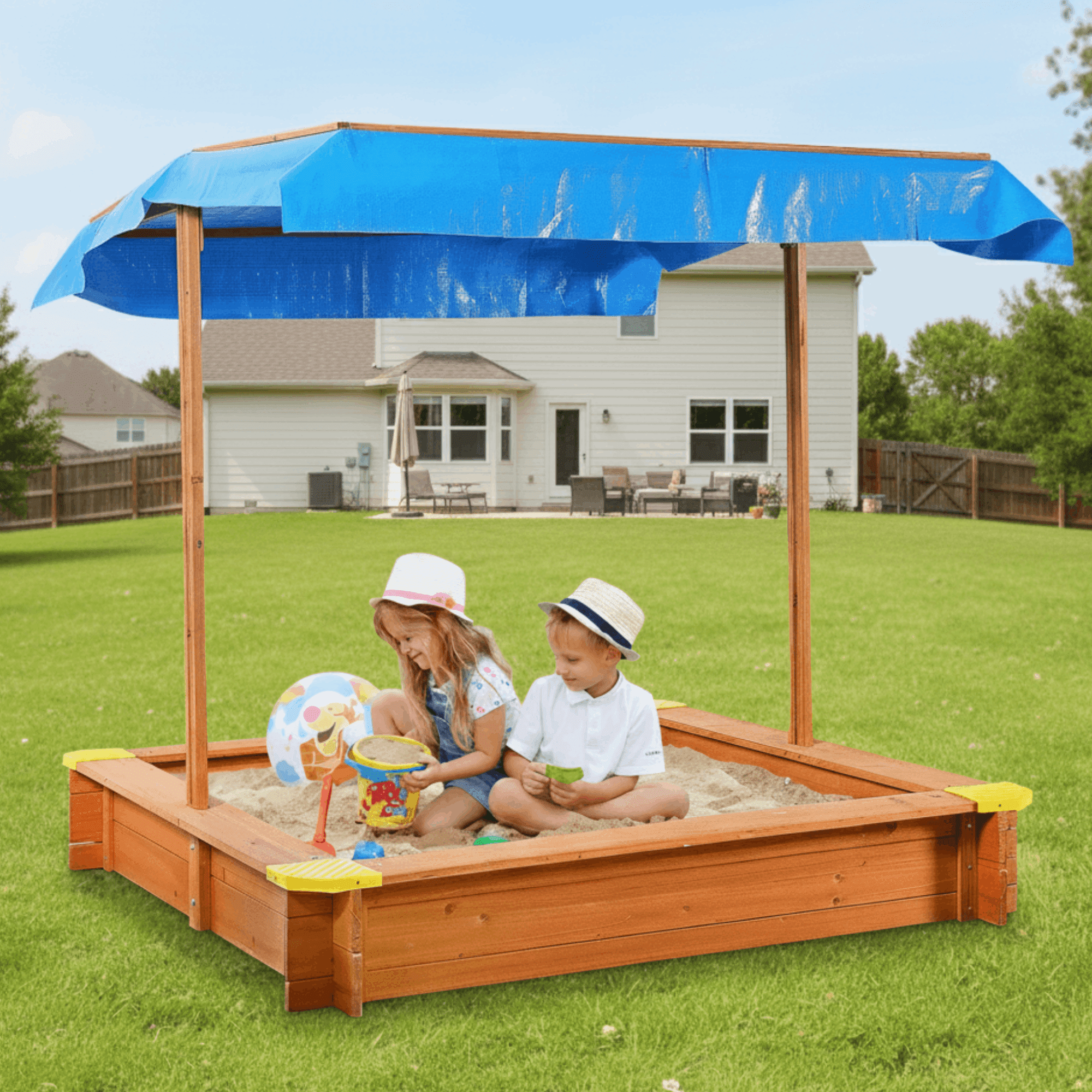 GVDV Sandbox, Wooden Sandpit with Adjustable Canopy for Backyard