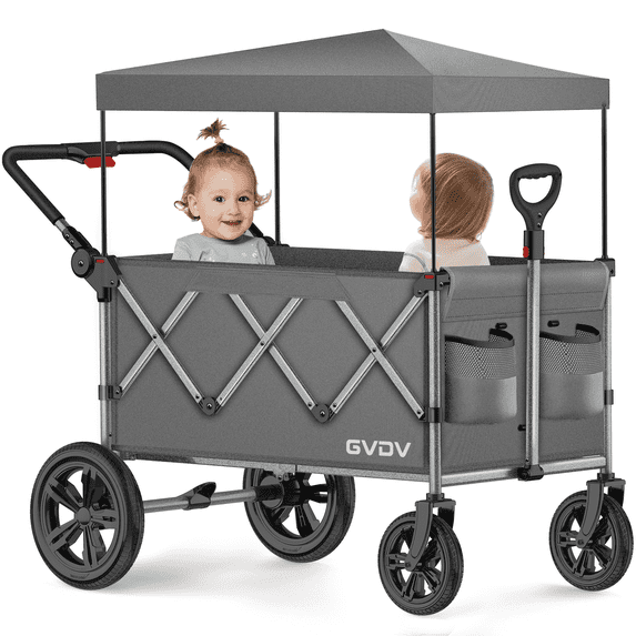 GVDV Stroller Wagon for Kids, 3-in-1 Collapsible Double Stroller Wagon for Toddlers, All-Terrain Baby Stroller with Removable Canopy, Adjustable Push/Pull Handles, 5-Point Harness, Gray