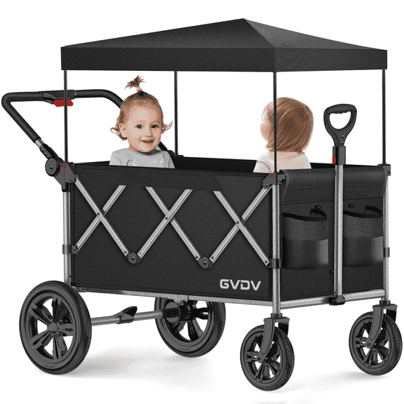 GVDV Wagon Stroller for Kids, 2-Seater Collapsible Stroller Wagon for Toddlers with 5-Point Harness, Pull & Push Handle, Removable Canopy and All-Terrain Wheels, 330lbs Capacity, Black