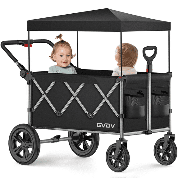 GVDV Wagon Stroller for Kids, 3-in-1 Collapsible Double Stroller Wagon for Toddlers with Removable Canopy, 5-Point Harness, Pull & Push Handle and All-Terrain Beach Wheels, Black