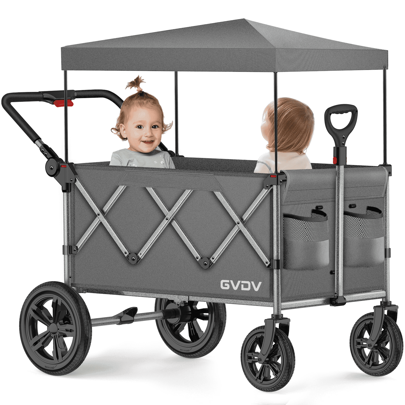 GVDV Stroller Wagon for Kids, 3-in-1 Collapsible Double Stroller Wagon for Toddlers, All-Terrain Baby Stroller with Removable Canopy, Adjustable Push/Pull Handles, 5-Point Harness, Gray