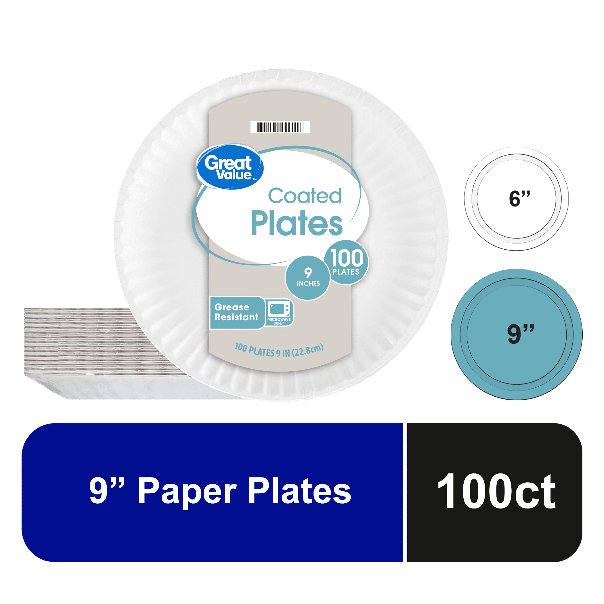 Great Value Coated Disposable Paper Plates, 9", 100 Count