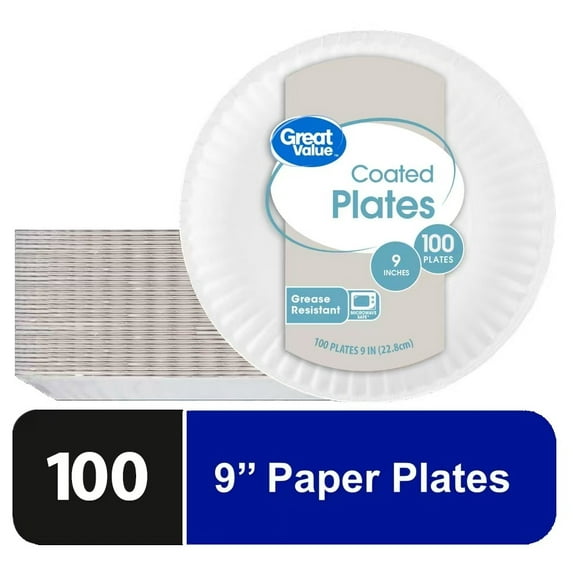 Great Value Coated Disposable Paper Plates, 9", 100 Count
