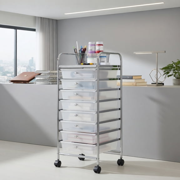 GVN 10-Drawer Mobile Shelving Unit Organizer Utility Cart with Metal Frame and Lockable Universal Wheels, Rolling Cart for Home Office, Living Room, Entryway, Bedroom, White