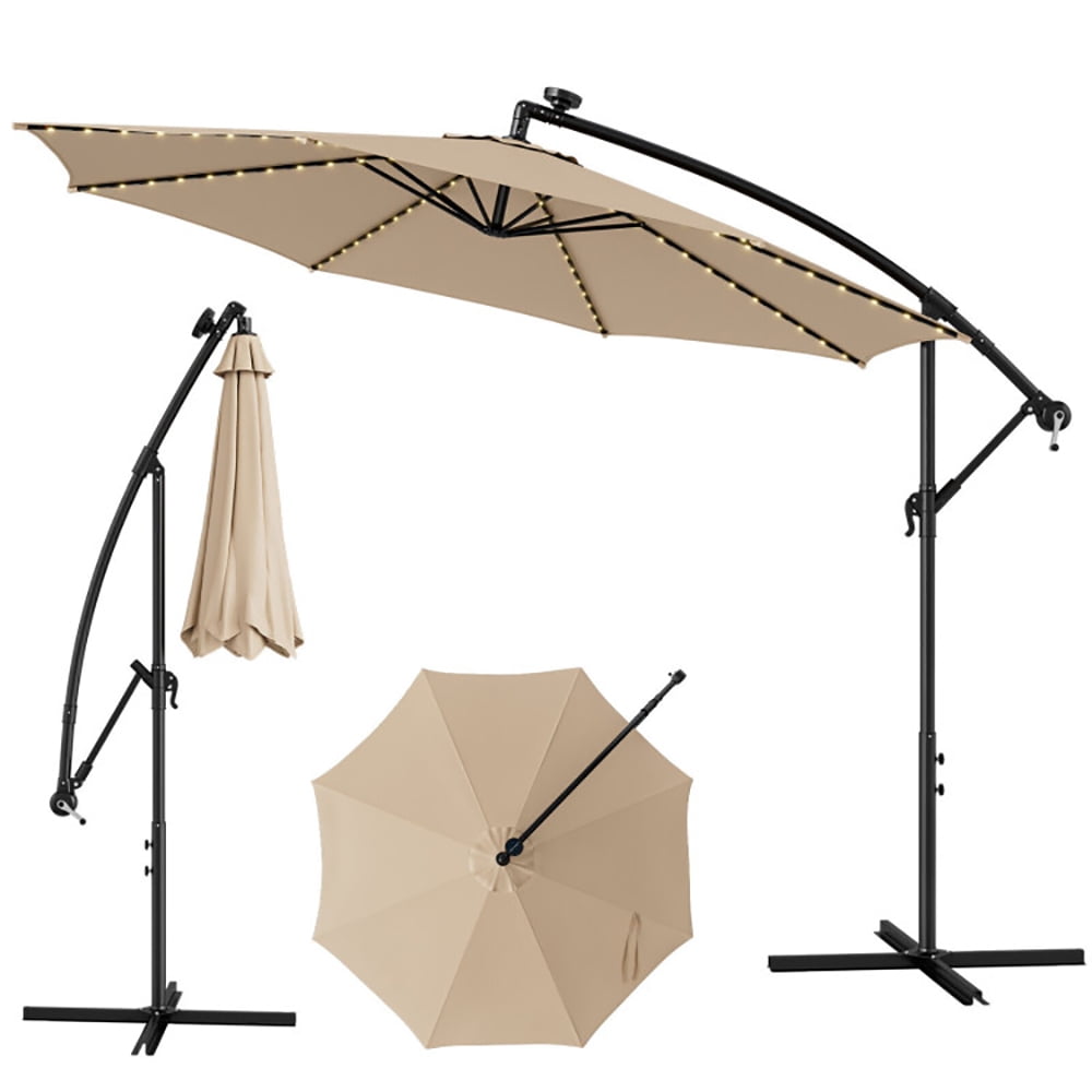 GVN 10 Feet Patio Offset Umbrella with 112 Solar-Powered LED Lights-Beige, Patio Offset Umbrella with Easy Tilt Adjustment, Cantilever Patio Umbrellas, Sunshade Umbrella Canopy