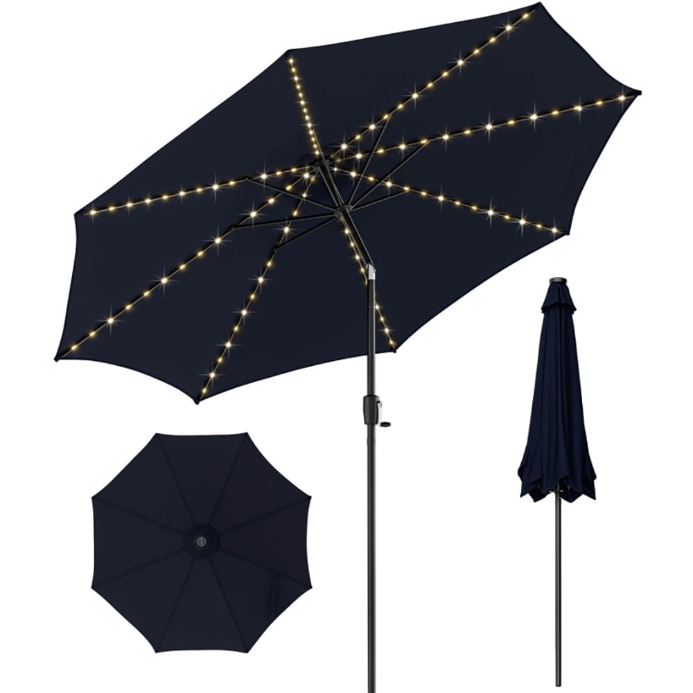 GVN 10 Feet Patio Umbrella with 112 Solar Lights and Crank Handle-Navy, Patio Offset Umbrella with Easy Tilt Adjustment, Cantilever Patio Umbrellas, Sunshade Umbrella Canopy