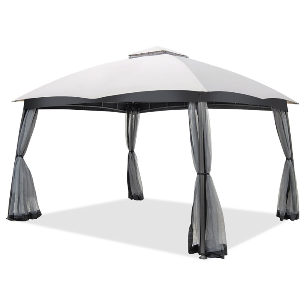 GVN 10 x 12 Feet Patio Double-Vent Canopy with Privacy Netting and 4 Sandbags-Gray, Outdoor Patio Gazebo with Hardtop Roof for Garden, Backyard and Deck GVN 10 x 12 Feet Patio Double-Vent Canopy with Privacy Netting and 4 Sandbags-Gray, Outdoor Patio Gazebo with Hardtop Roof for Garden, Backyard and Deck