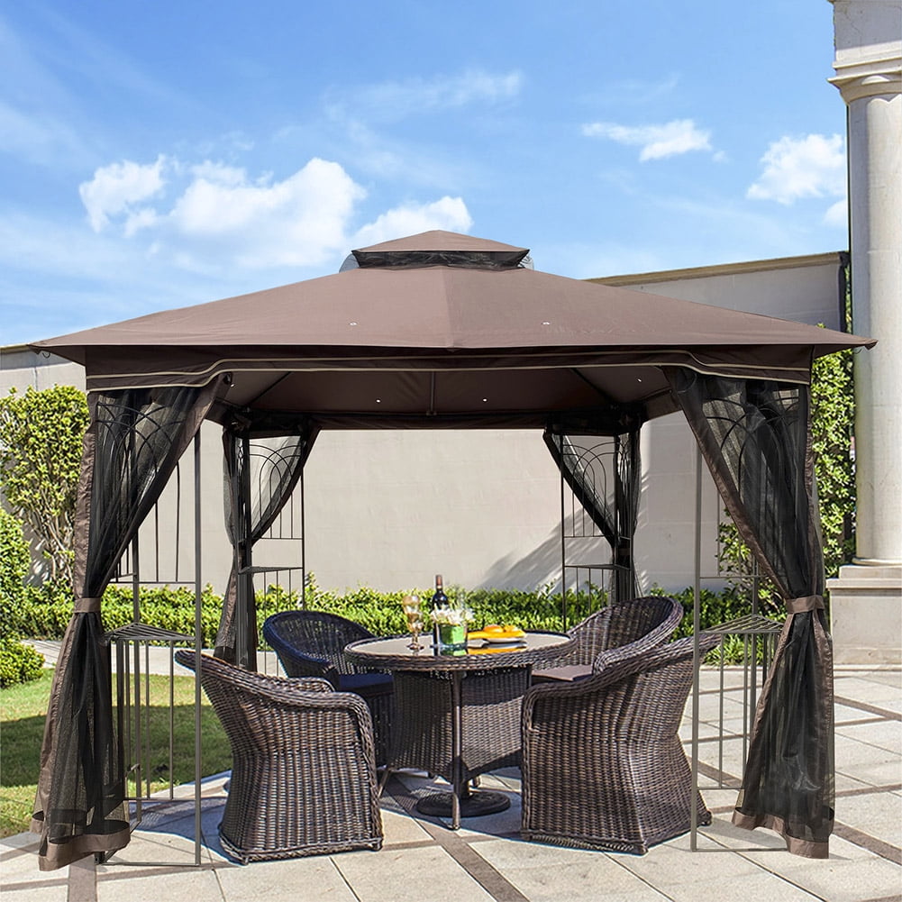 GVN 10x10 Outdoor Patio Gazebo Canopy Tent With Ventilated Double Roof And Mosquito net,Outdoor Pop up Canopy for Patio Outdoor Garden Events,Brown Top