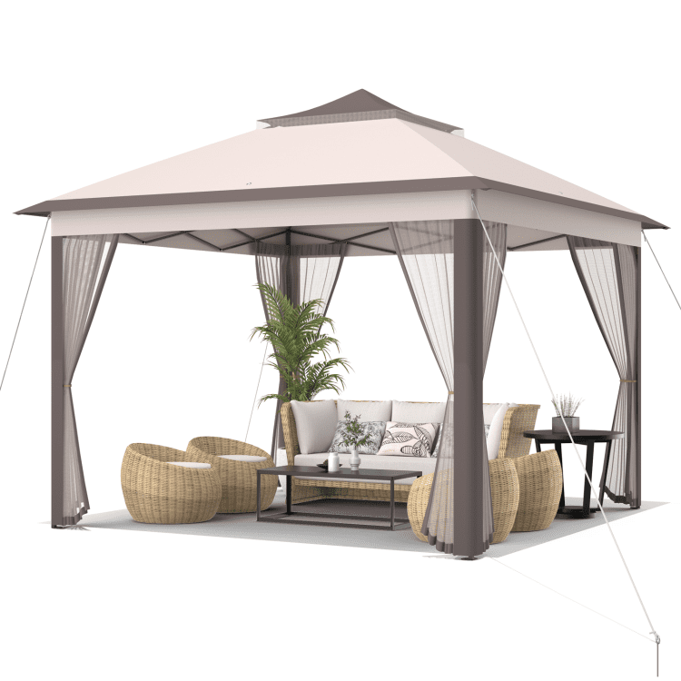 GVN 11 x 11 Feet 2-Tier Pop-Up Gazebo Tent Portable Canopy Shelter Carry Bag Mesh-Beige, Full Waterproof Outdoor Party Event Tents for Outside Party Waterproof Tent BBQ Shelter