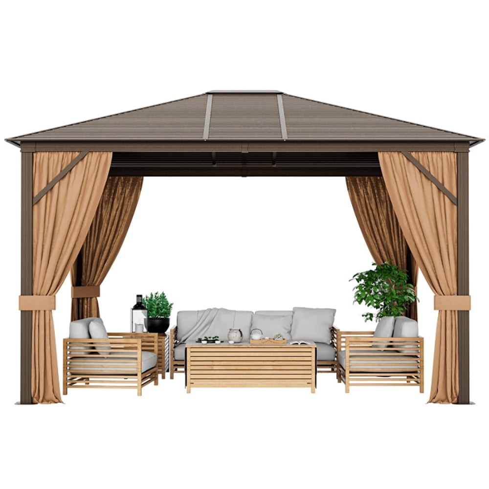 GVN 12 x10 Feet Outdoor Hardtop Gazebo with Galvanized Steel Top and Netting-Brown, Outdoor Patio Gazebo with Hardtop Roof for Garden, Backyard and Deck GVN 12 x10 Feet Outdoor Hardtop Gazebo with Galvanized Steel Top and Netting-Brown, Outdoor Patio Gazebo with Hardtop Roof for Garden, Backyard and Deck