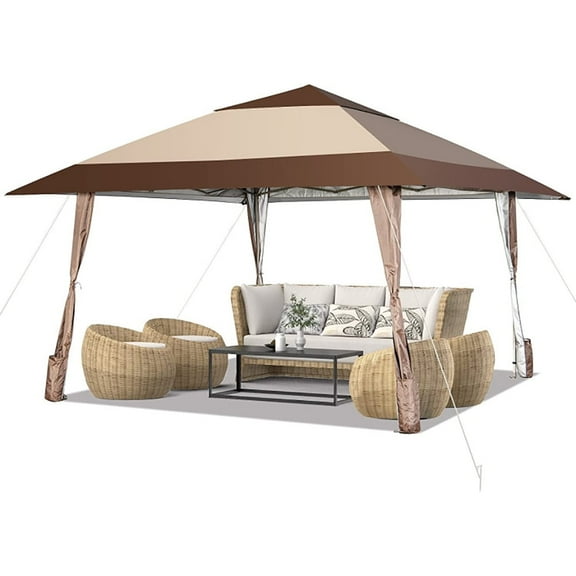 GVN 13 x 13 Feet Pop-Up Feet Patio Canopy with Wheels-Coffee, Outdoor Patio Canopy with Hardtop Roof for Garden, Backyard and Deck