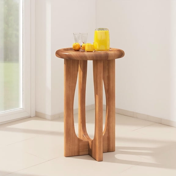 GVN 14 Inch Farmhouse End Table Rustic Accent Table with Round Tray Top Wood Cross Legs for Living Room Bedroom Country Style Home Furniture, Natural