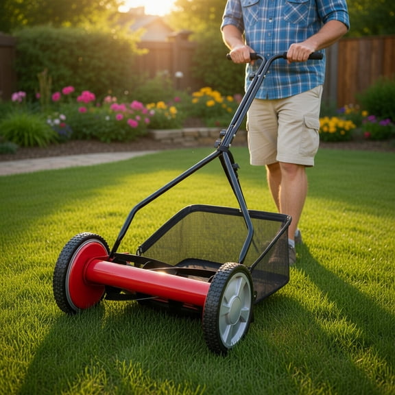 GVN 14 Inch Push Lawn Mower with 5 Steel Blades and Grass Catcher Bag, Height Adjustable, Perfect for Gardens, Backyards, Lawns-Red