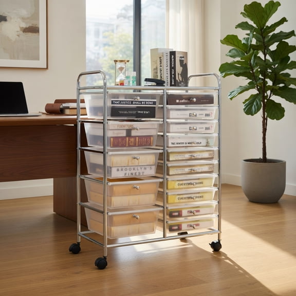 GVN 15 Drawers Rolling Storage Cart Organizer-clear, Rolling Storage Cart, Multipurpose Organizer Cart for Home, Office, School