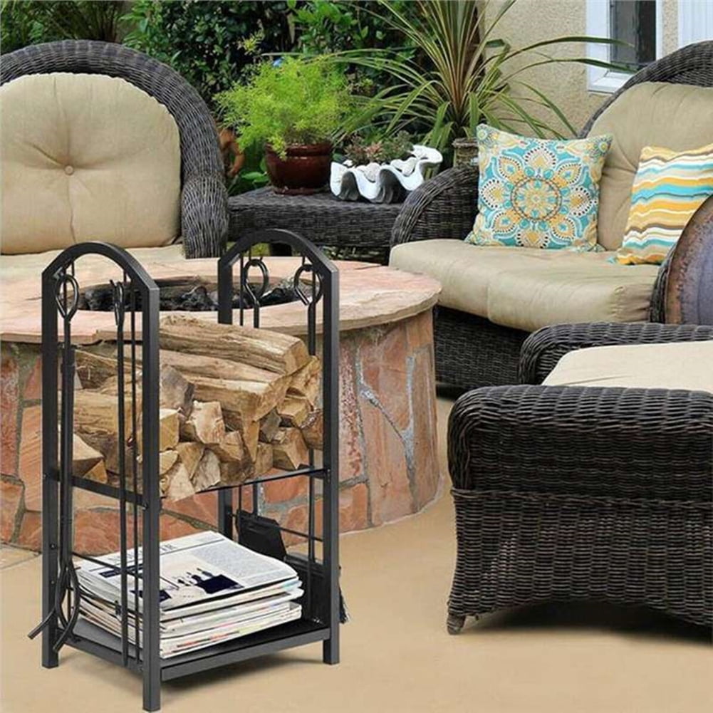 GVN 17.8L x11.8W x 29.3H in Wrought Iron Steel Frame Firewood Storage Holder with 4 Tools, Black, Burning Outdoor Fire Pit GVN 17.8L x11.8W x 29.3H in Wrought Iron Steel Frame Firewood Storage Holder with 4 Tools, Black, Burning Outdoor Fire Pit