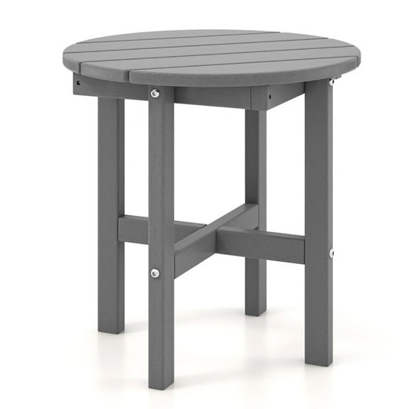 GVN 18 Inch Adirondack Round Side Table with Cross Base and Slatted Surface-Gray, Teak Wood Side Table with Storage, Indoor and Outdoor Wooden Furniture for Deck, Porch, Balcony, Living Room