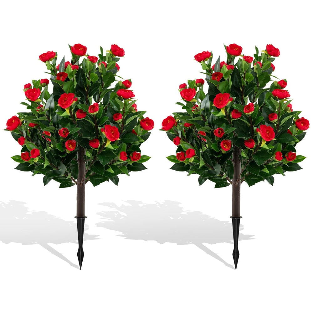 GVN 2 Pack 31 Inch Faux Camellia Plants Decorative with Fake Flower, Artificial Plant for Patio, Garden, Front Door, Balcony, Backyard, Green & Red