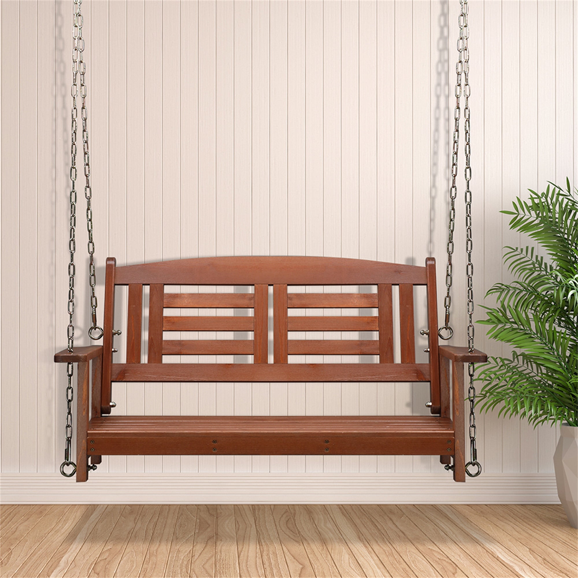 GVN 2 Person Wood Porch Swing with Chain, Reddish Brown GVN 2 Person Wood Porch Swing with Chain, Reddish Brown