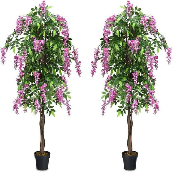 GVN 2 Pieces 6ft Faux Wisteria Silk Plants Decorative with Adjustable Tree Branche, Artificial Plant for Patio, Garden, Front Door, Balcony, Backyard, Purple & Green
