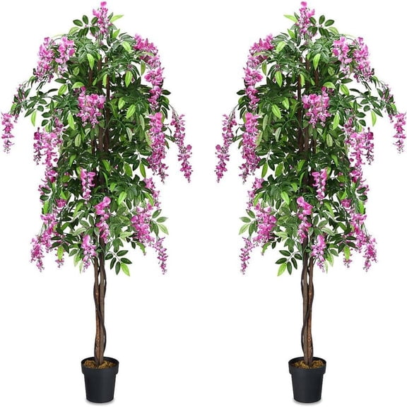 GVN 2 Pieces 6ft Faux Wisteria Silk Plants Decorative with Adjustable Tree Branche, Artificial Plant for Patio, Garden, Front Door, Balcony, Backyard, Purple & Green