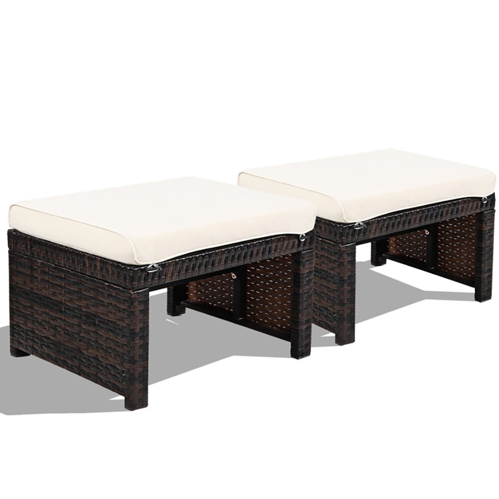 GVN 2 Pieces Patio Rattan Ottomans with Soft Cushion for Patio and Garden-White, Outdoor Footstool Footrest Furniture, All Weather Outdoor Ottomans Footrest Seat