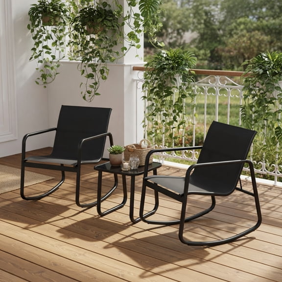 GVN 2 Rocking Bistro Chairs and Glass-Top Table for Porch Yard Balcony-Black Deluxe Outdoor Patio