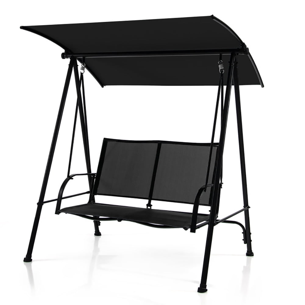 GVN 2-Seat Outdoor Canopy Swing with Comfortable Fabric Seat and Heavy-duty Metal Frame-Black, Porch Swing Hanging Bench, Outdoor Swing Bench for Patio, Yard, Garden