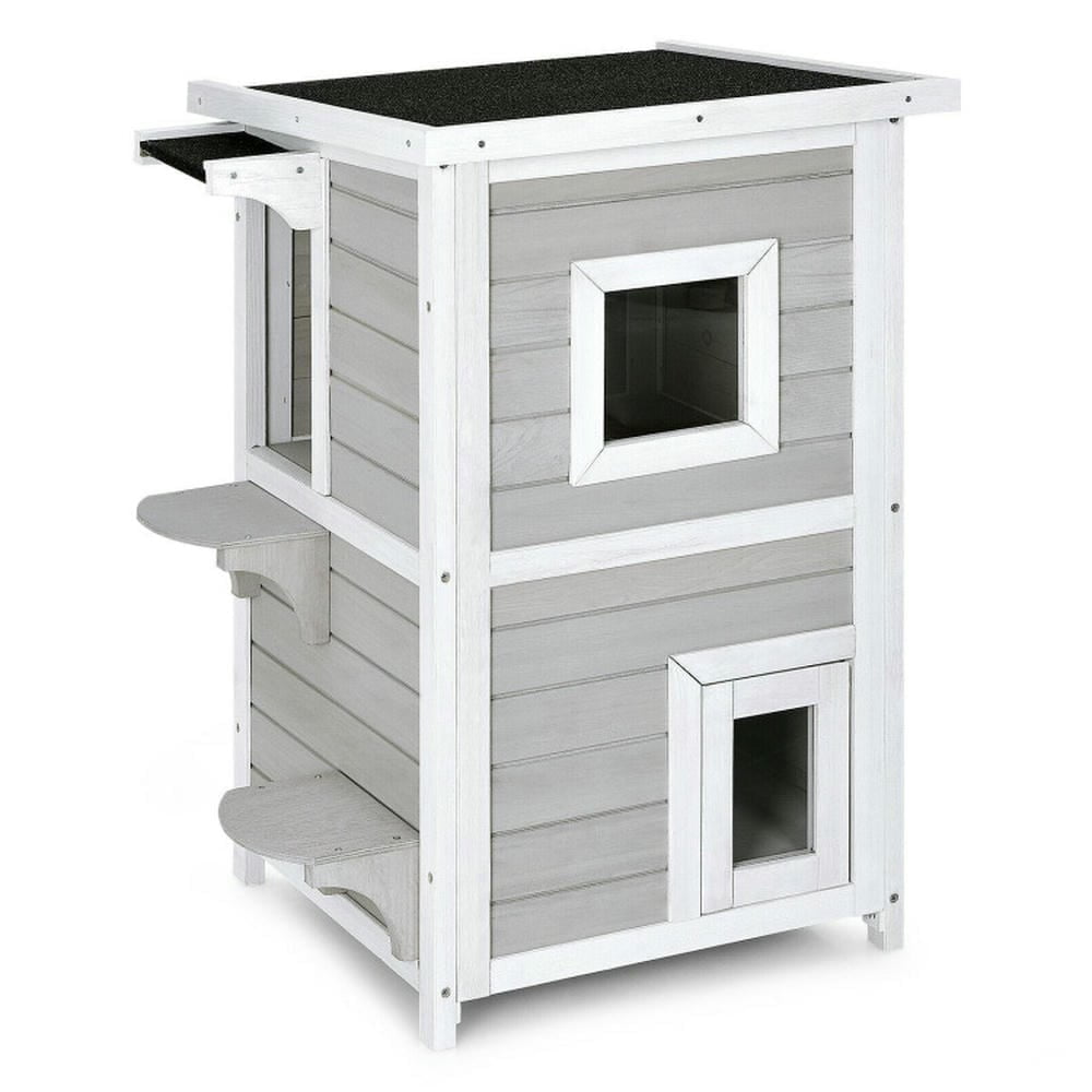 Gray and White 2-Story Wooden Outdoor Cat House with Escape Door