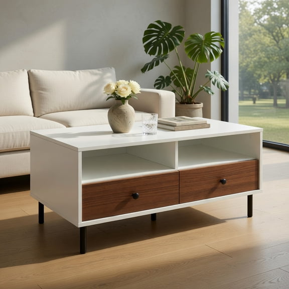 GVN 2 Tier 40 Inch Length Modern Rectangle Coffee Table with Storage Shelf and Drawers-White