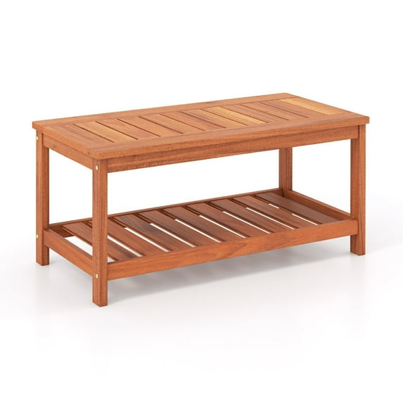 GVN 2-Tier Patio Coffee Table with Slatted Tabletop and Shelf, Teak Wood Side Table with Storage, Indoor and Outdoor Wooden Furniture for Deck, Porch, Balcony, Living Room