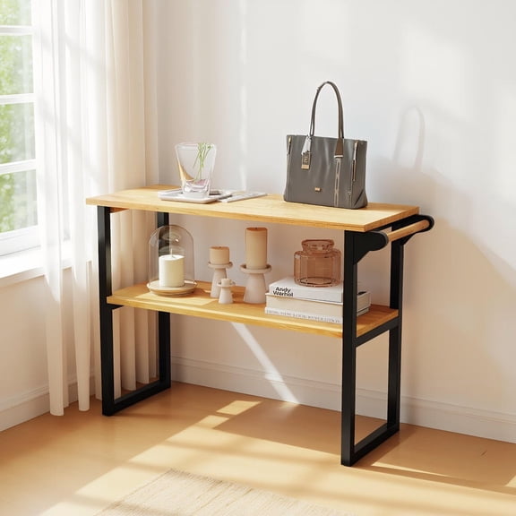 GVN 2-Tier Solid Teak Wood Bathroom Shelf with Towel Rack, Freestanding or Wall Mount Storage Unit for Towels, Natural