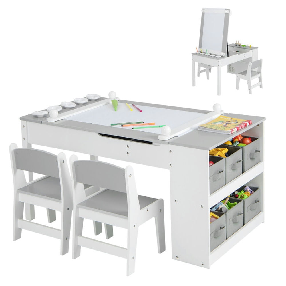 GVN 2-in-1 Kids Wooden Art Table and Art Easel Set with Chairs Storage ...