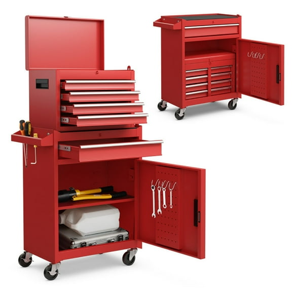 GVN 2-in-1 Tool Chest and Cabinet with 5 Sliding Drawers-Red, Locking System Drawer for Garage, Warehouse & Repair Shop