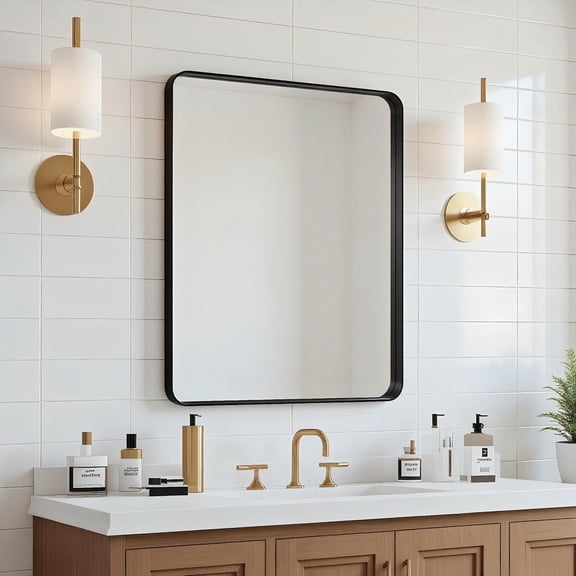 GVN 20*16" Rectangle Rounded Corner Bathroom Vanity Mirror with Black Metal Frame, Wall Mirror for Bathroom, Living Room, Dormitory, Black