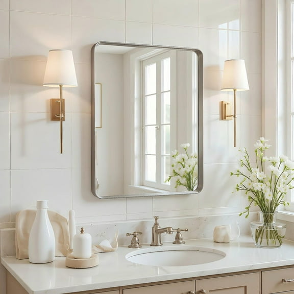 GVN 20*16" Rectangle Rounded Corner Bathroom Vanity Mirror with Silver Metal Frame, Wall Mirror for Bathroom, Living Room, Dormitory, Silver