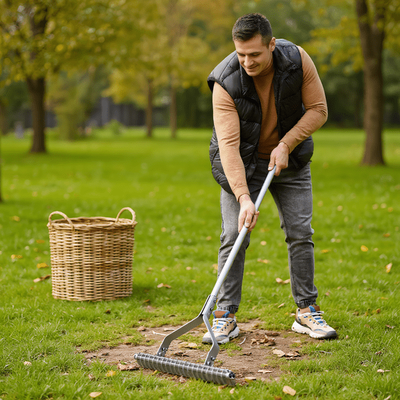 GVN 20 Inches Wide Aluminum Lawn Loosening Soil Rake with Long Handle and 19 Curved Tines