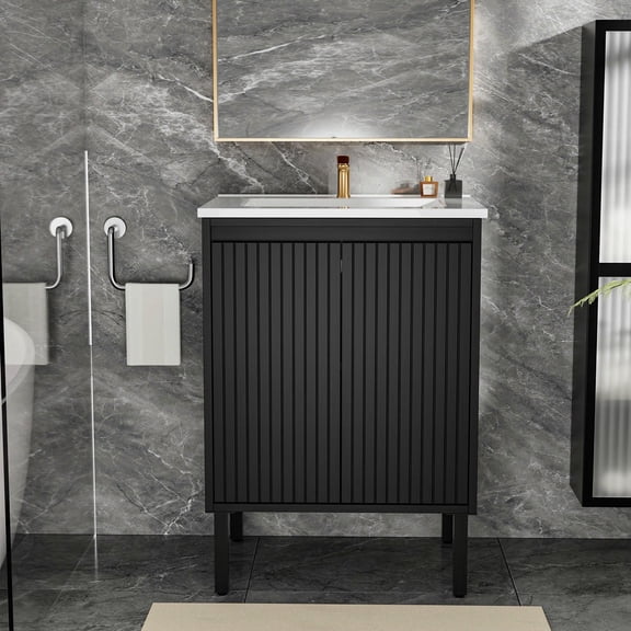 GVN 24 Inch Freestanding Bathroom Vanity with Sink, Stable Floor Standing Design, Noiseless Soft Closing Drawers, Oak Finish Modern Look in White Sink, Black