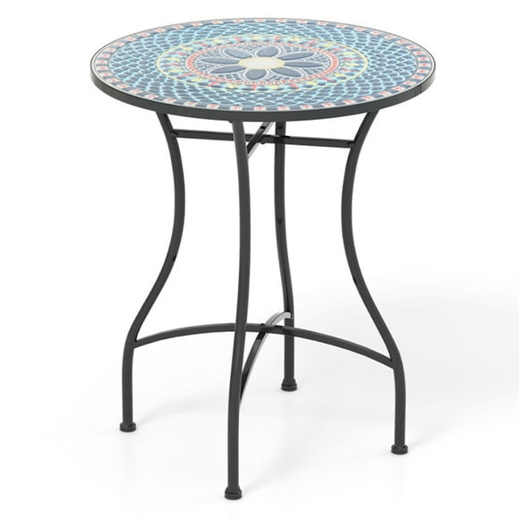 GVN 24 Inch Patio Bistro Table with Ceramic Tile Tabletop-A, Teak Wood Side Table with Storage, Indoor and Outdoor Wooden Furniture for Deck, Porch, Balcony, Living Room