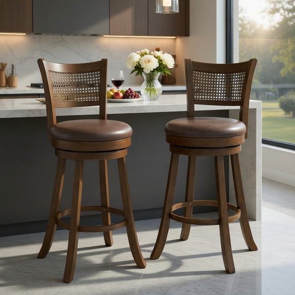 GVN 29 Inches Counter Height Barstool Set of 2 with Rattan Backrest, Footrest and Swivel Function for Kitchen Island, Patio, Bistro Table, Brown