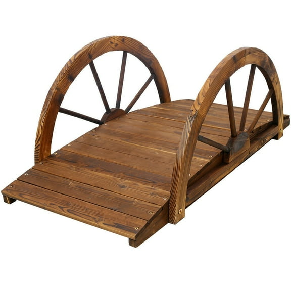 GVN 3.3ft Wooden Garden Bridge Arc Footbridge with Half-Wheel Style Railings & Solid Fir Construction, Stained Wood
