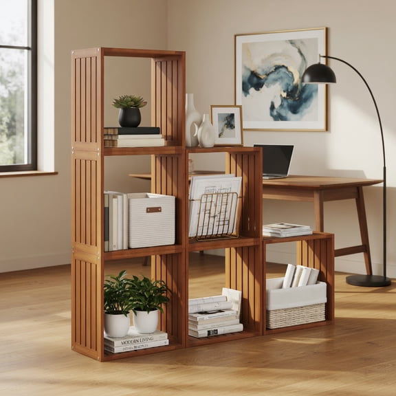 GVN 3 Cube Solid Wood Stacking Bookcase Storage Shelves with Open Slatted Design, Bookshelf Stand for Living Room, Bedroom, Office Room, Study Room, Teak