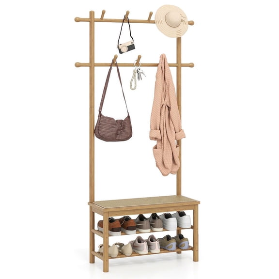 GVN 3-In-1 Bamboo Coat Rack Stand with Bench and Shoe Storage, PE Rattan Hall Coat Trees for Entryway Mudroom, Bedroom, Living Room, Natural